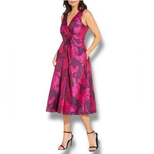 Aidan Mattox Metallic Floral Jacquard Midi Fit & Flare Dress Fuchsia V-Neck NWT